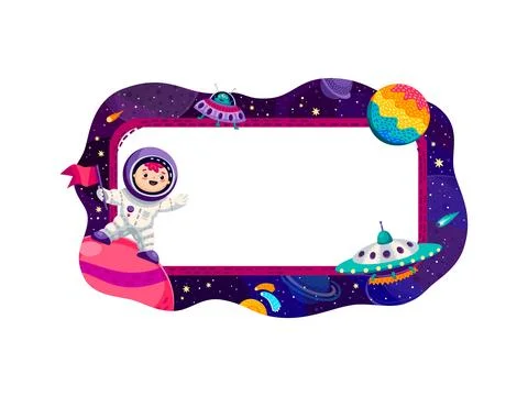 Border frame with space planets, stars, astronaut Stock Illustration