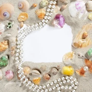 Border frame summer beach shell pearl necklace 스톡 사진