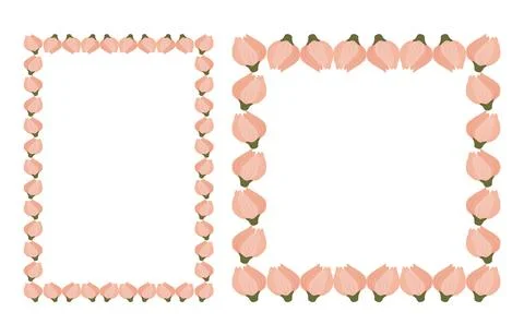 Border frame template with flourish decoration. Tulips pink purple flowers bu Stock Illustration