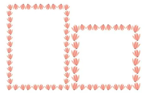 Border frame template set with flourish decoration. Tulips pink purple flowers Stock Illustration