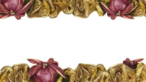 Border frame with textile gift box, yellow textured ribbon on white. Watercolor Stock Illustration