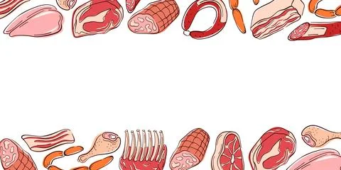 Border frame with various meat cuts, chicken, bacon in flat style. Ideal for Stock Illustration