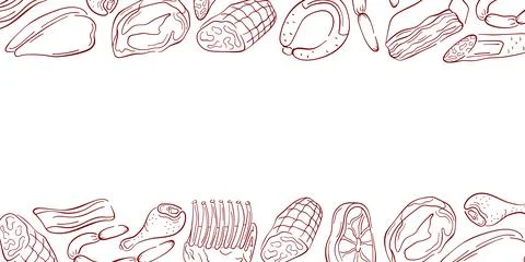 Border frame with various meat cuts, chicken, bacon in line art style. Perfect Stock Illustration