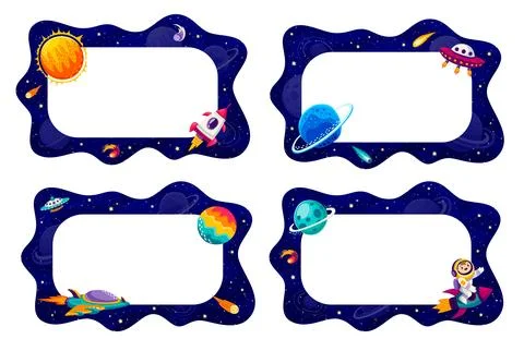 Border frames, space landscape, astronaut, rocket Stock Illustration