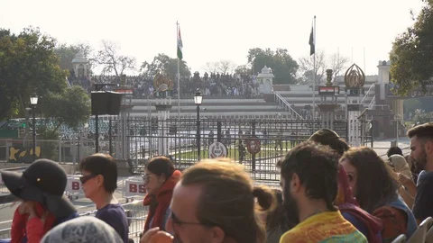 Border Gate at Pakistan to India Border With Spectators On Both Country Sides Stock Footage 129586227
