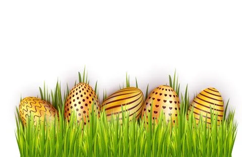 Border from golden decorated Easter eggs, fresh green grass on white background. 스톡 일러스트