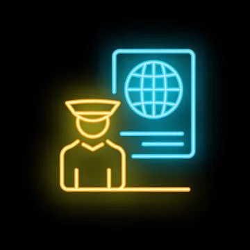 Border guard checking passport with planet earth sign neon icon Stock Illustration