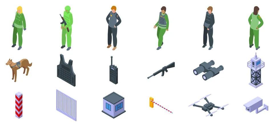 Border guard icon set. Border security icons showing guards, equipment, and.. Stock Illustration