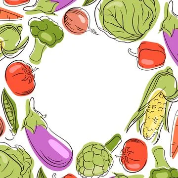 Border with hand drawn vegetable arranged in circle composition. Colorful flat Stock Illustration
