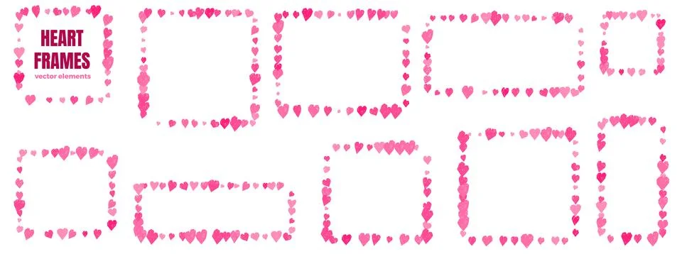 Border heart frame set with pink crayon doodles and blank panels. Quirky chalk Stock Illustration
