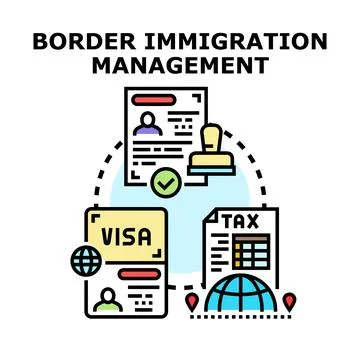 Border immigration management process with official documents Stock Illustration