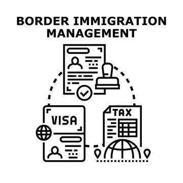 Border immigration management process with official documents Stock Illustration