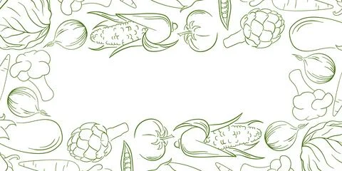 Border with line art style vegetable, cabbage, corn, tomato and eggplant Stock Illustration