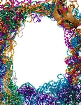 Border made of mardi gras bead and mask on white Stock Photos
