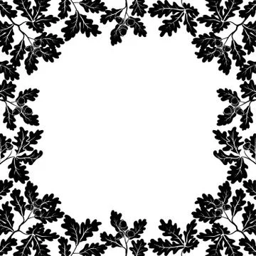 Border of oak branches, black contours Stock Illustration