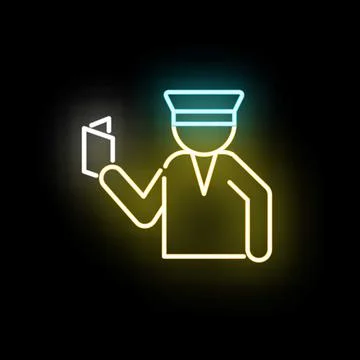 Border officer checking passport control documents neon Stock Illustration