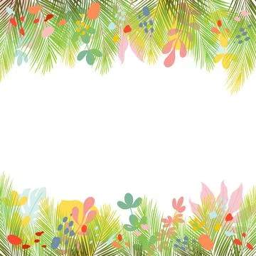 Border of palms branches and tropical leaves and paint spots on white background Stock Illustration