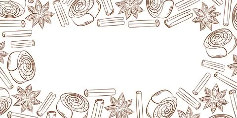 Border pattern with cinnamon roll, stick and star anise in line art style. Hand Illustrazione stock