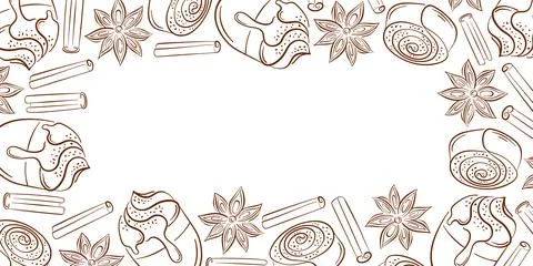 Border pattern with cinnamon roll, sticks, coffee drink and star anise in line Stock Illustration