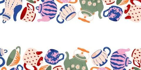 Border pattern with colorful teapot, cup and mug in flat style. Decorative Stock Illustration