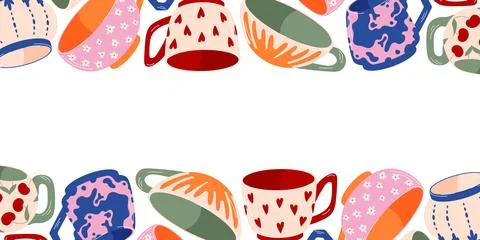 Border pattern with flat style cup. Decorative tea or coffee mug on white Stock Illustration