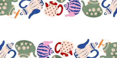 Border pattern with flat style kettle. Decorative illustration on white Stock Illustration