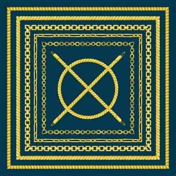 Border pattern with retro hand-drawn sketch golden chain on Stock Illustration