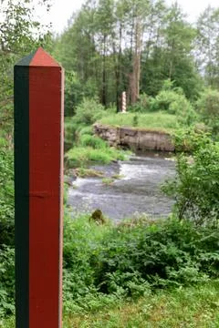 Border poles on the border line between Poland and Belarus 写真素材