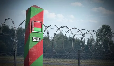 Border post with flag of Belarus - 3D illustration Stock Illustration