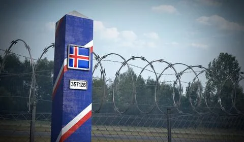 Border post with flag of Iceland - 3D illustration Stock Illustration
