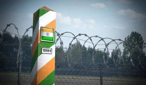 Border post with flag of India - 3D illustration Stock Illustration