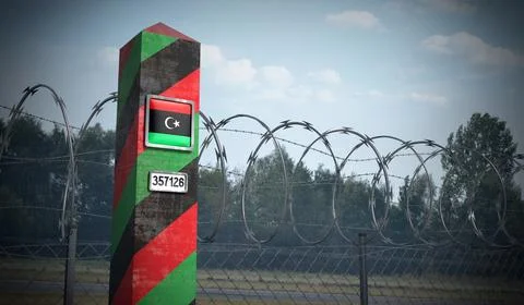 Border post with flag of Libya - 3D illustration Stock Illustration