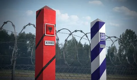 Border posts with flags of Albania and Greece - 3d illustration Stock Illustration