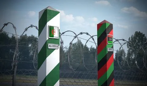 Border posts with flags of Algeria and Libya - 3d illustration Stock Illustration