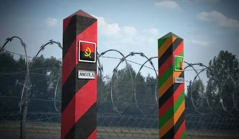 Border posts with flags of Angola and Zambia - 3d illustration Stock Illustration