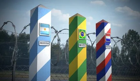 Border posts with flags of Argentina, Brazil and Paraguay - 3d illustration Ilustração Stock