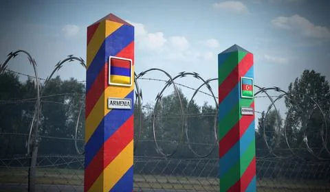 Border posts with flags of Armenia and Azerbaijan - 3d illustration Stock Illustration