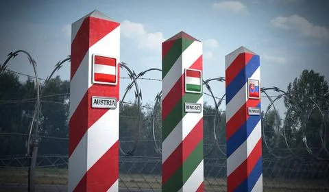 Border posts with flags of Austria, Hungary and Slovakia - 3d illustration Stock Illustration
