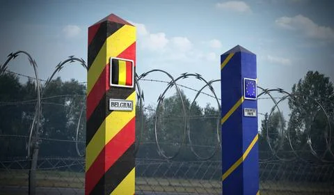 Border posts with flags of Belgium and European Union - 3d illustration Stock Illustration