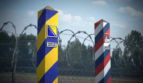 Border posts with flags of Bosnia and Serbia - 3d illustration Stock Illustration