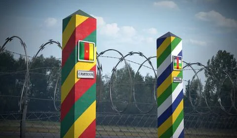 Border posts with flags of Cameroon and Central African Republic - 3d illus.. Stock Illustration