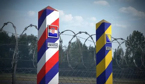 Border posts with flags of Croatia and Bosnia Herzegovina - 3d illustration Stock Illustration