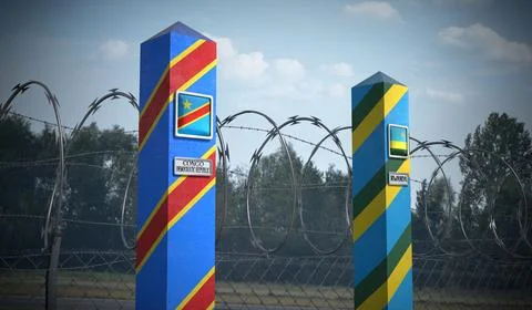 Border posts with flags of Democratic Republic of the Congo and Rwanda - 3d.. Stock Illustration