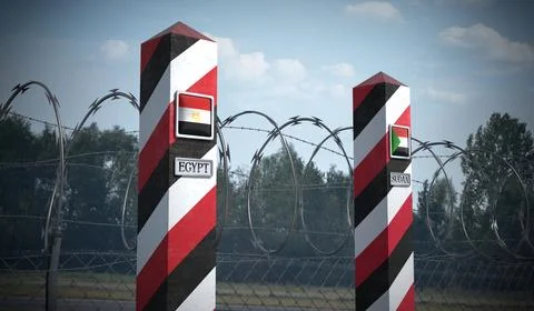 Border posts with flags of Egypt and Sudan - 3d illustration Stock Illustration