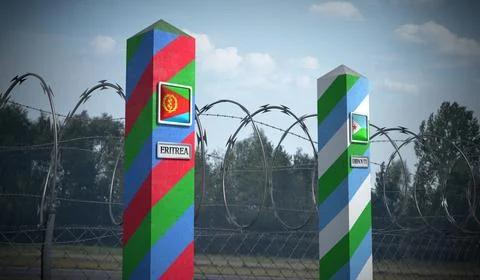 Border posts with flags of Eritrea and Djibouti - 3d illustration Stock Illustration