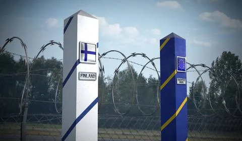 Border posts with flags of Finland and European Union - 3d illustration Stock Illustration