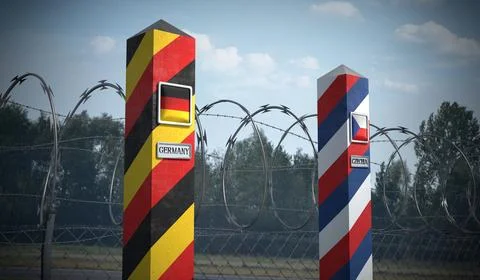 Border posts with flags of Germany and Czechia - 3d illustration Stock Illustration