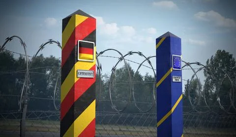 Border posts with flags of Germany and European Union - 3d illustration Stock Illustration