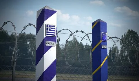 Border posts with flags of Greece and European Union - 3d illustration Stock Illustration
