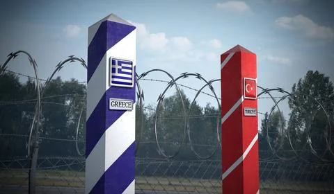 Border posts with flags of Greece and Turkiye - 3d illustration Stock Illustration